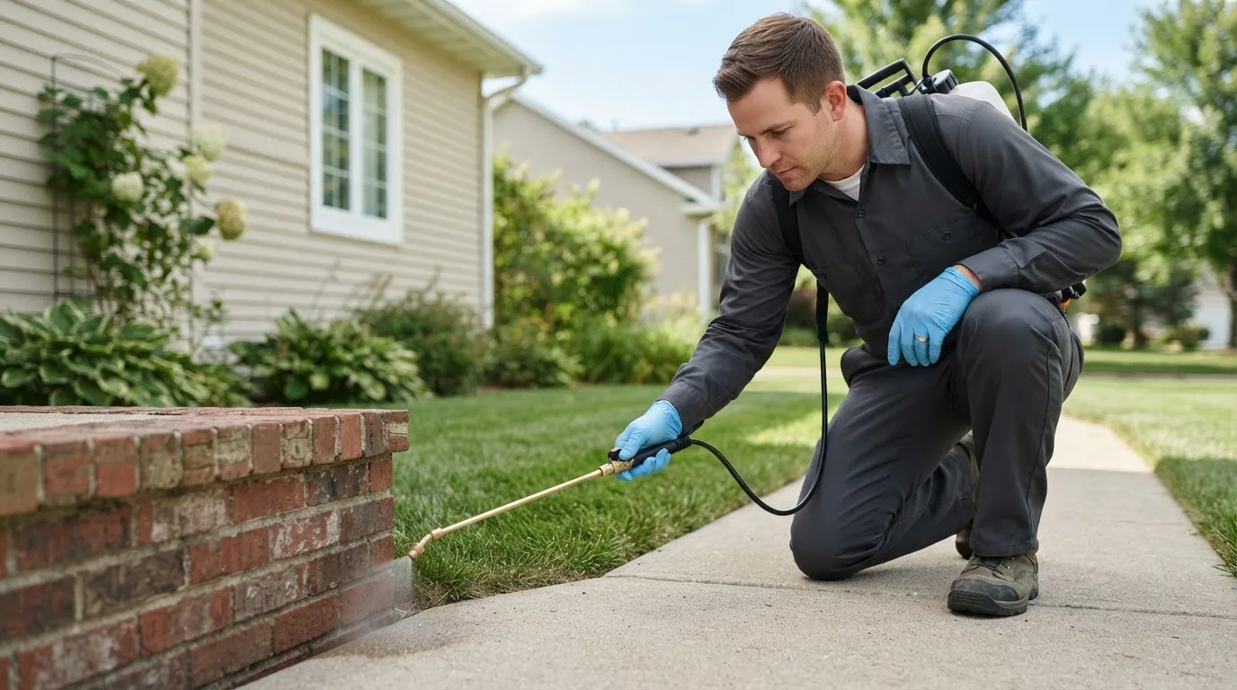 Pest control technician treating a home near Malta, OH