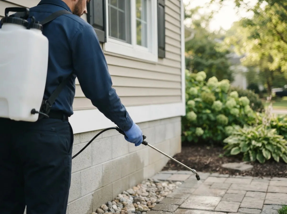 Pest control technician inspecting a home in Malta, OH